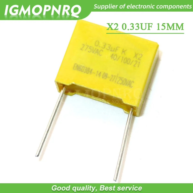 20 piezas-Condensador de película de polipropileno, 330nF, X2, 275VAC, Paso 15mm, X2, 0,33 uF