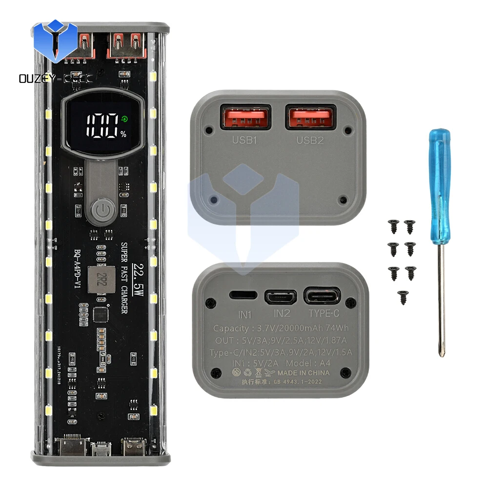 Kit de bricolaje de energía móvil, carcasa de caja de batería de 22,5 W, carga rápida bidireccional con luz LED, caja de batería transparente