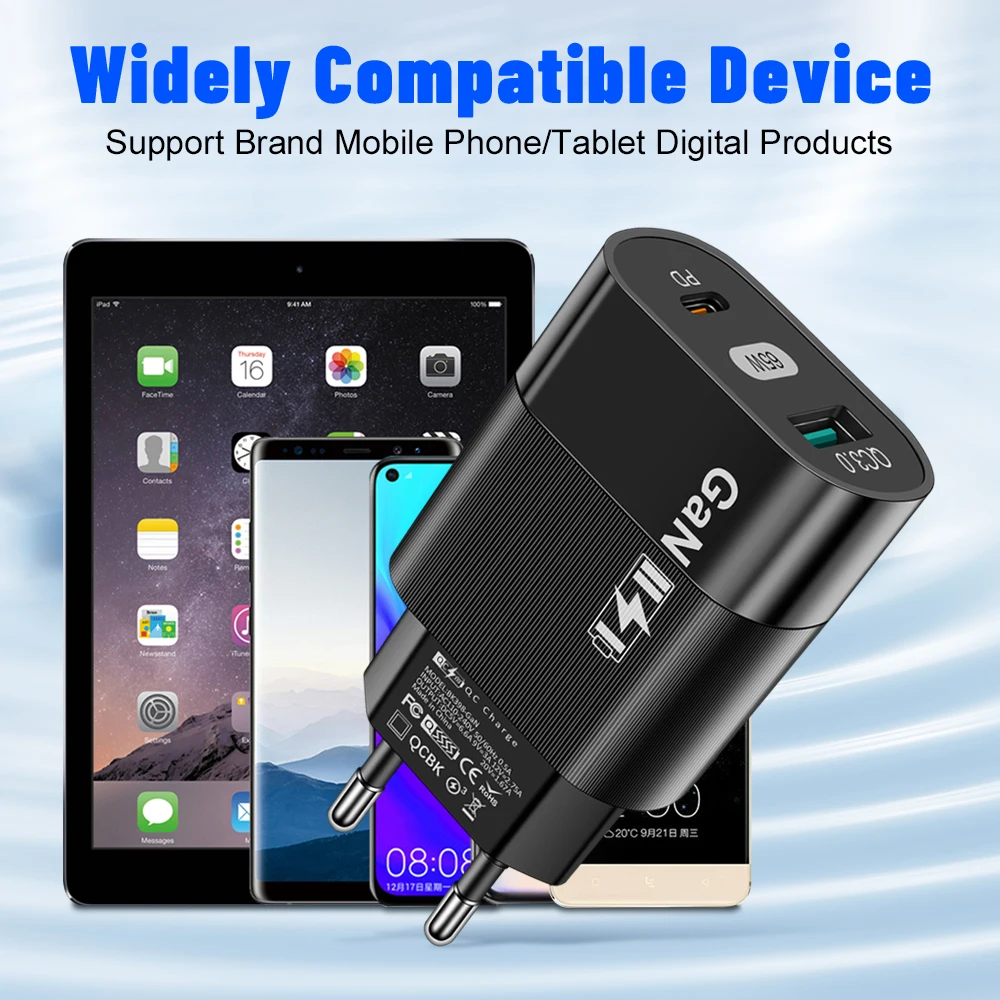 Cargador USB de carga rápida GaN PD de 65W QC3.0 tipo C adaptador de pared UE/EE. UU. para iPhone 15 Xiaomi Samsung cargador de teléfono móvil portátil - imagen 3