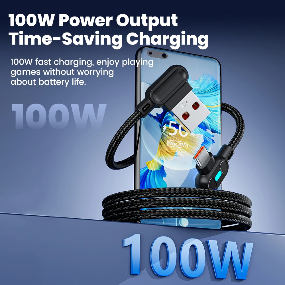 Olaf 0.25M 1M 2M Cable de carga rápida 100W Tipo C Cable corto 90 °   Codo doble para banco de energía Huawei Xiaomi Cable USB A a USB C - imagen 3