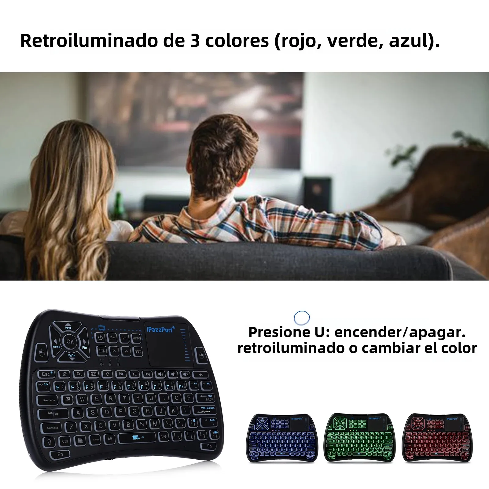 Mini teclado retroiluminado iPazzPort con panel táctil, modo Bluetooth y 2,4 GHz, control remoto IR, RGB recargable para Smart TV/Android/PS4/PC - imagen 5