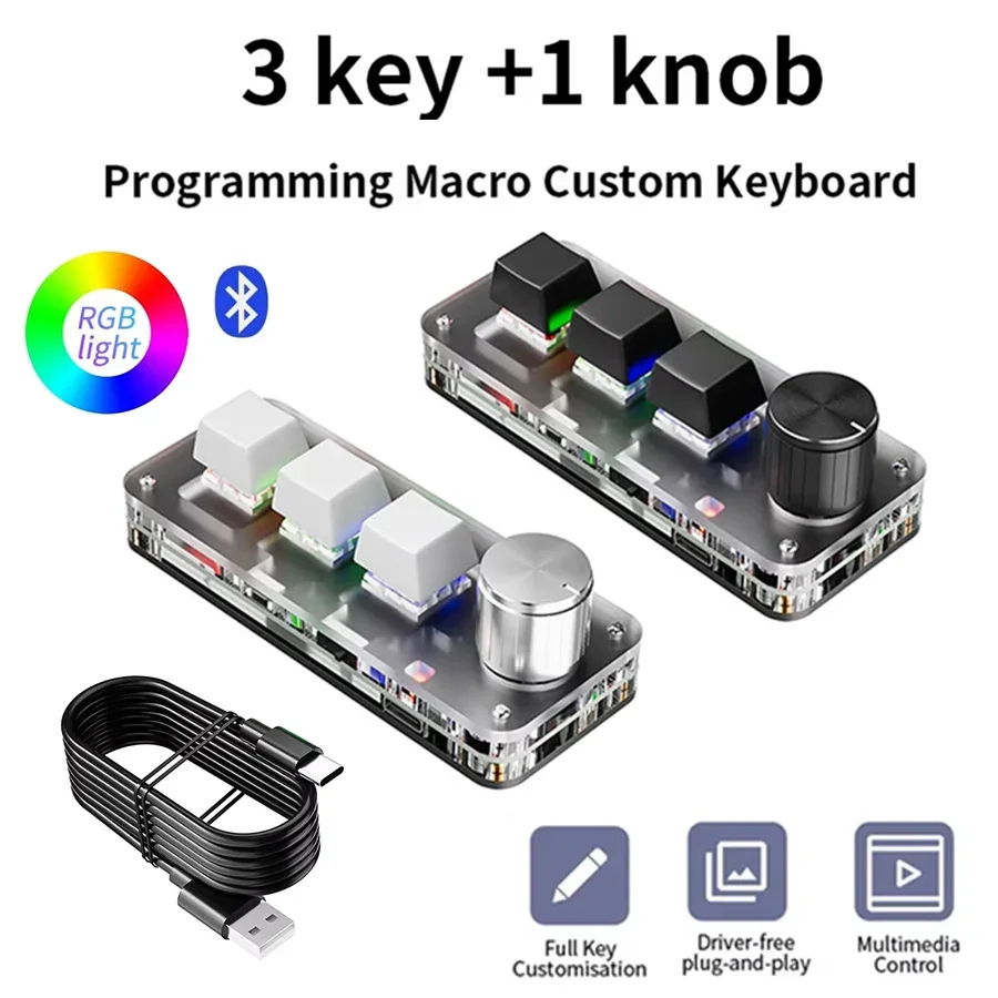 Macropad Macro Teclado mecánico Bluetooth RGB Mini Gaming perilla de programación personalizada teclados interruptor rojo 3 teclas para Photoshop DIY