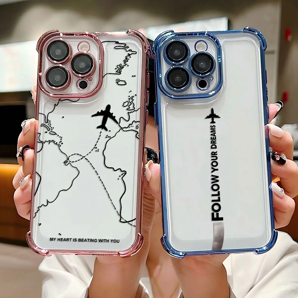 Funda chapada con diseño de ruta de avión inspirada en viajes para iPhone 16 15 14 13 12 11 Pro Max X XSMax 7 8 Plus cubierta de Airabag anticaída - imagen 2