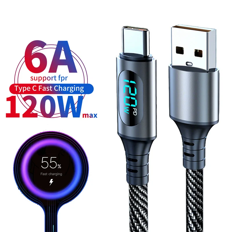 Cable de carga rápida LED con pantalla Digital de 120W, Cable de datos USB a tipo C Dual tipo C para Xiaomi 15 Redmi 14 Oneplus 13 POCO X7