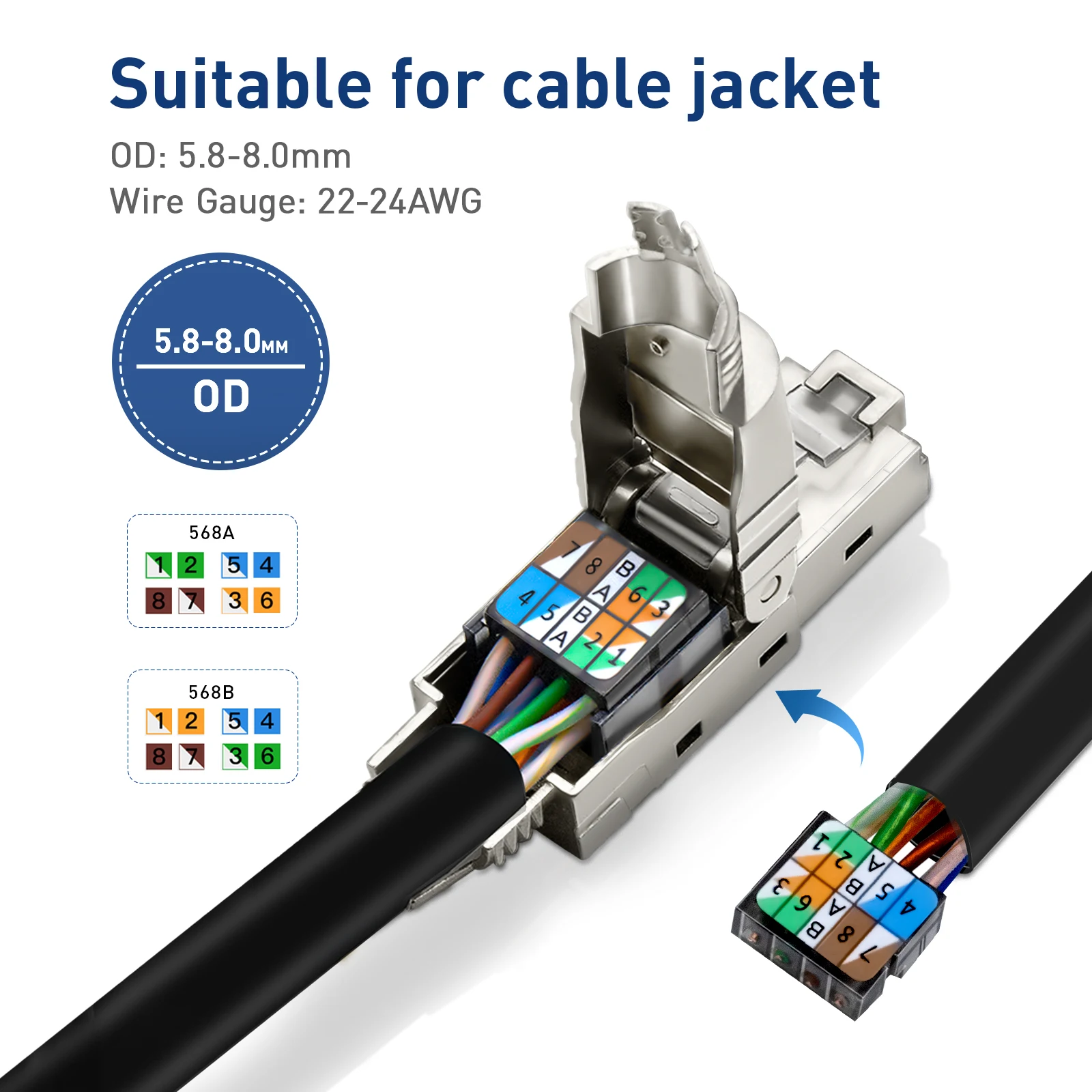 ZoeRax RJ45 Cat8 Cat7 Cat6A Conectores RJ45 Enchufe de terminación Modular sin herramientas blindado 2000MHz 40G Cable LAN para 22AWG-24AWG - imagen 4