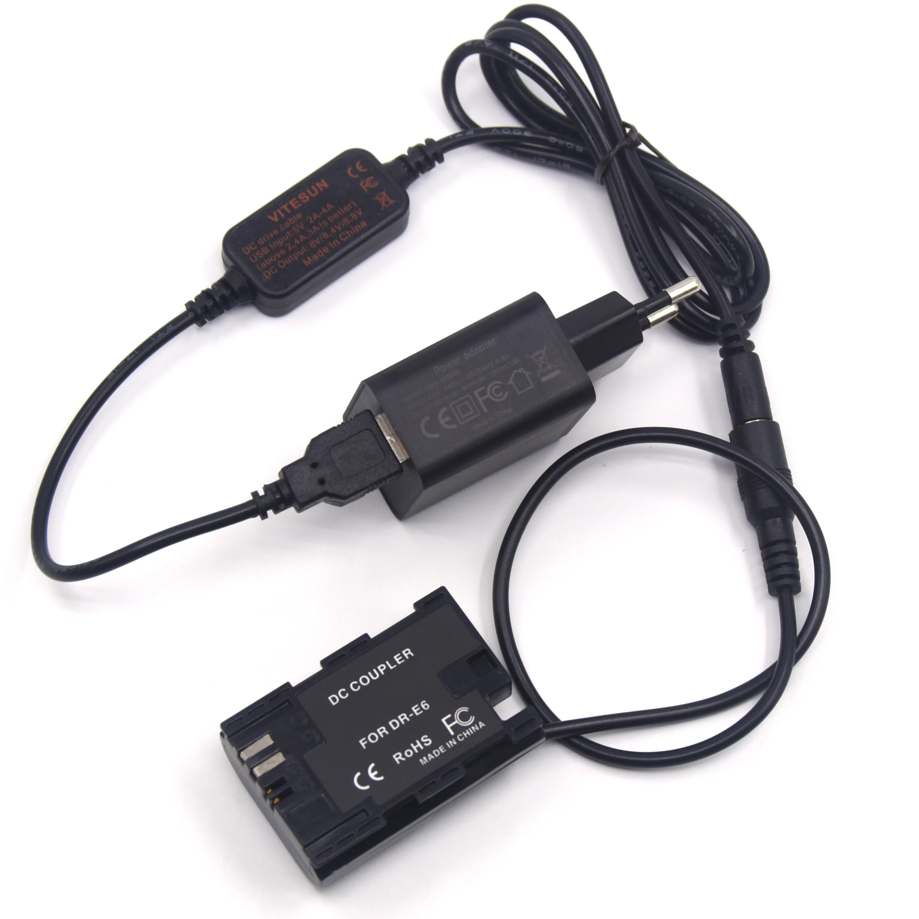 Cargador rápido de 18W + Cable USB-DC + batería ficticia LP E6 acoplador CC de DR-E6 completamente decodificado para Canon EOS 60D 70D 80D 90D R5 7D 5D2 5D3 5D4
