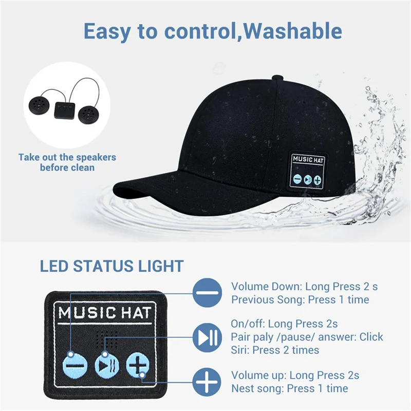 Gorro multifuncional para exteriores con altavoces Bluetooth, auriculares inalámbricos, gorra de béisbol de música ajustable desmontable, deportes para correr - imagen 5