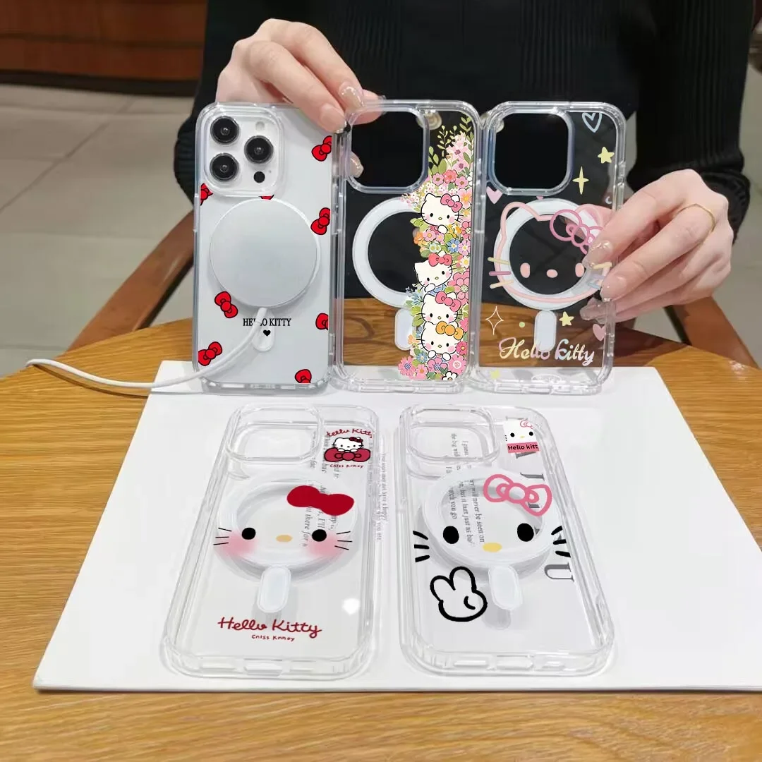 Funda magnética Magsafe con lazo de flores Hello Kitty para IPhone 17 Air 17 16 15 14 13 12 11 17 PRO MAX Plus 13 Mini 16E cubierta transparente