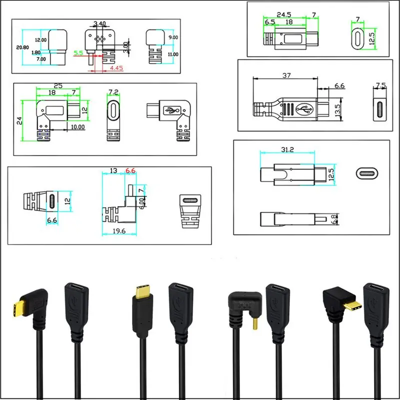 Fil à ressort d'extension 6 cœurs plaqué or USB2.0 type-c mâle à femelle, fil d'extension de données coudé à 90 degrés USB-C - imagen 4