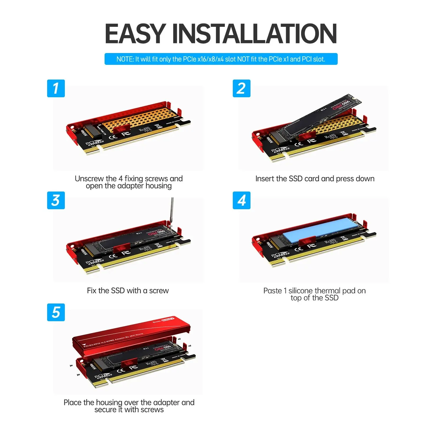 Adaptador JEYI M.2 NVME a PCIE 4,0 X16, tarjeta de expansión PCIe X16 Gen4 con funda de disipador térmico de aluminio, para Samsung 980 PRO, 970 EVO - imagen 5