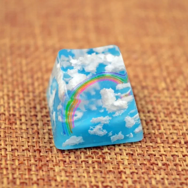 Tecla personalizada con tema de nube ESC, hecha a mano pura, transparente, resina 3D, patrón de personalidad, cometa de arcoíris, cielo azul, Nube Blanca - imagen 3