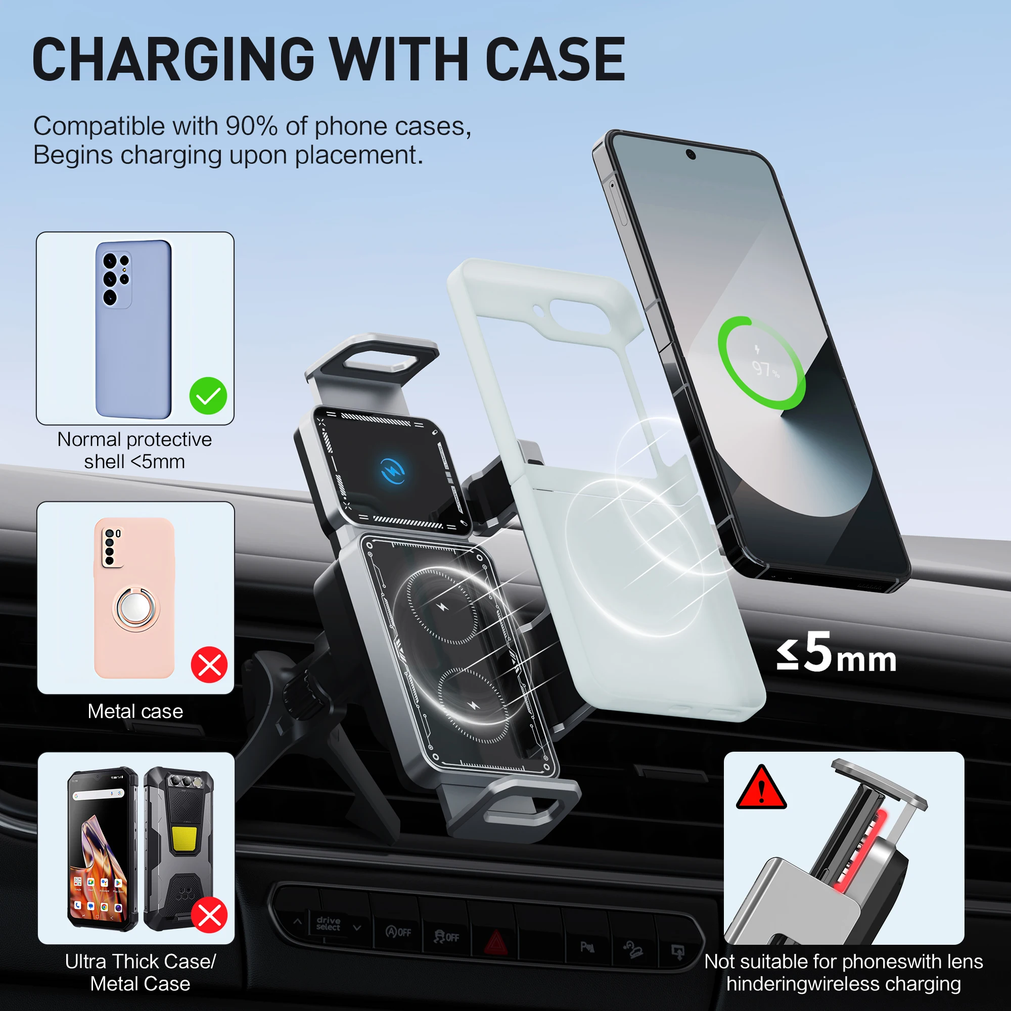 Soporte para teléfono de coche, accesorios para ventilación de coche y camión para Galaxy Z Fold 6 5/Flip 6 5, carga inalámbrica rápida para salida de ventilación de coche - imagen 5