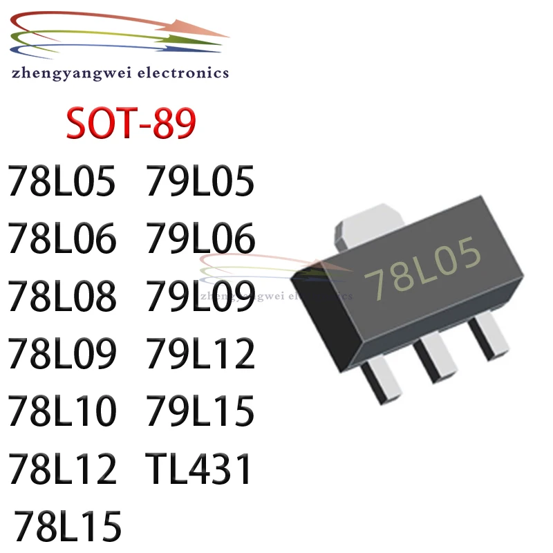 50 Uds 78L05 78L06 78L08 78L09 78L10 78L12 78L15 79L05 79L06 79L09 79L12 79L15 TL431 SOT89 SOT SMD SOT-89 triodo - imagen 2