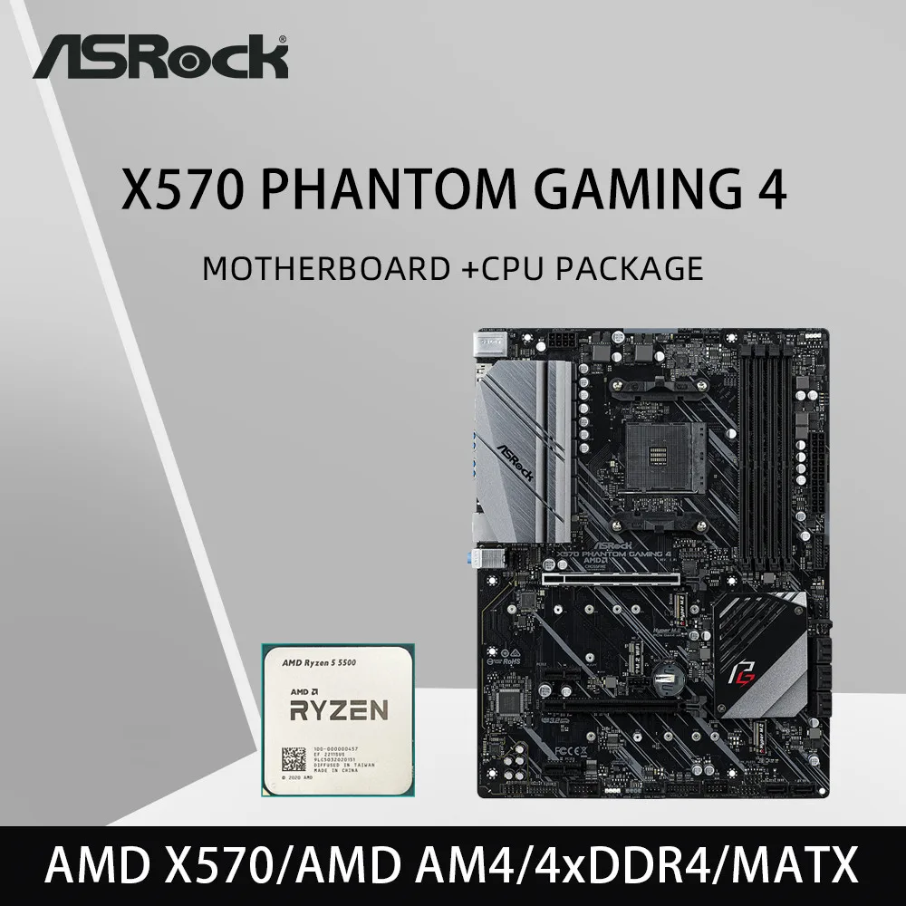 Juego de placa base ASRock X570 con CPU Ryzen 5 5500 X570 PHANTOM GAMING 4 placa base DDR4 M.2 NVME HDMI M.2 ATX AM4 Mainbaord
