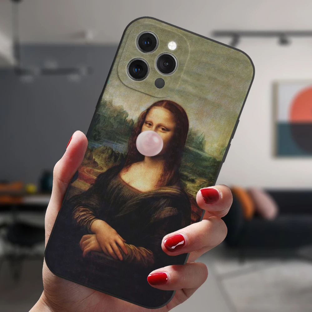 Funda de silicona suave con estampado de Mona Lisa para iPhone, carcasa negra con estampado Popular de Fuuny, para modelos 13, 12, 11, 14 Pro Max, Mini, XS, XR, 14Plus - imagen 4