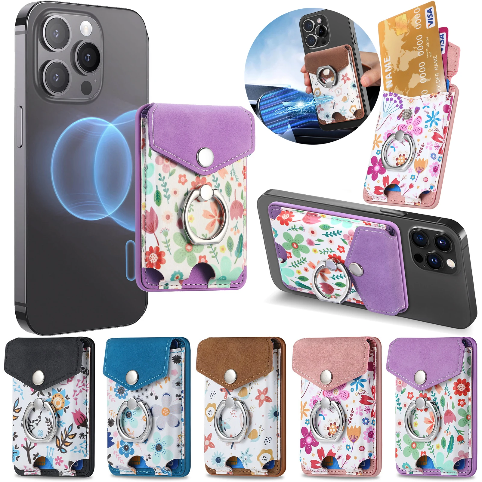 Bolsa de tarjetas magnéticas para iPhone, 15 Pro Max, 14 Plus, 13, 12, Magsafe, fuerte atracción, pintura, ranura para tarjeta, BILLETERA, soporte para anillo