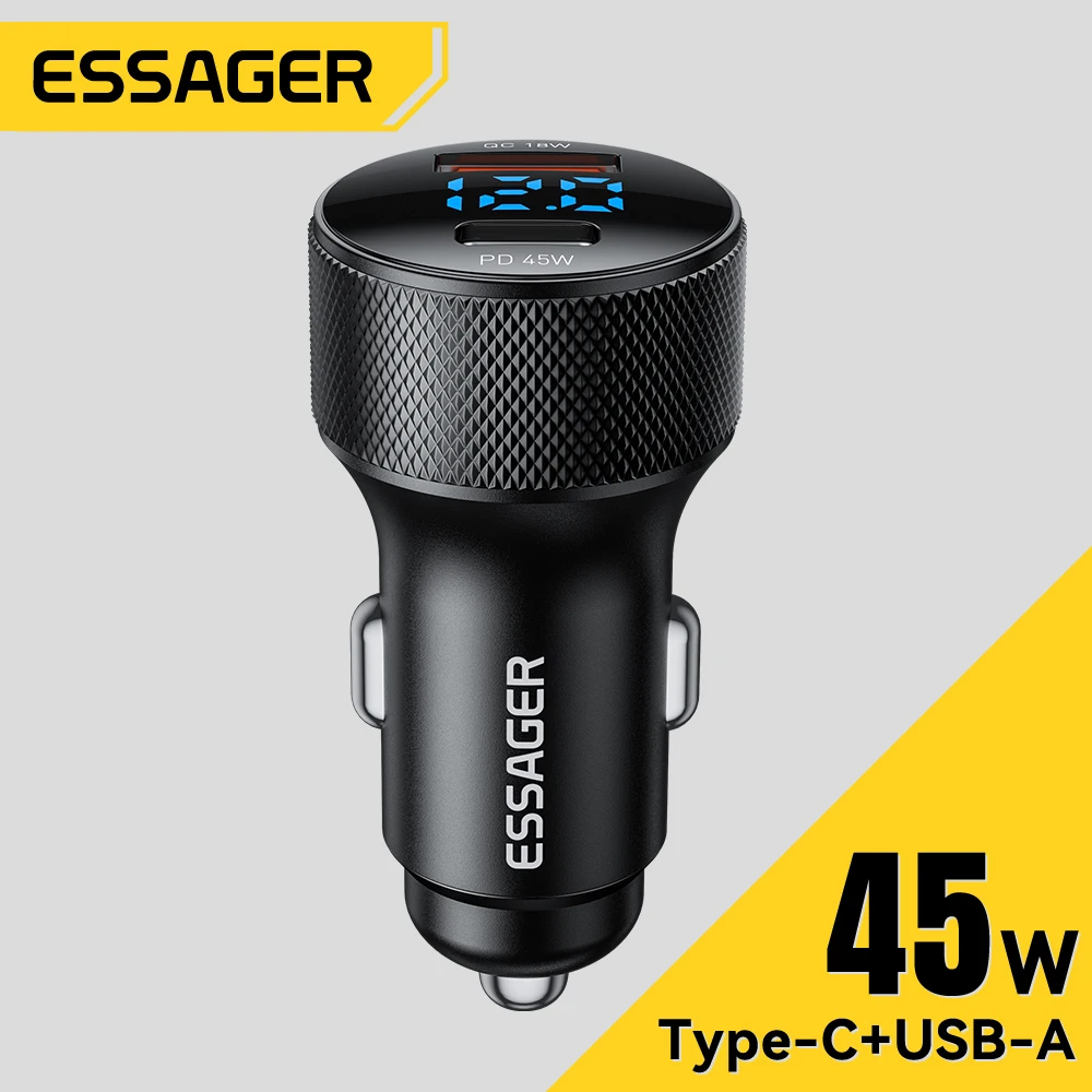 Essager USB C cargador de coche 45W 2 puertos PD3.0 QC3.0 pantalla Digital cargador de teléfono de coche para iPhone 16 15 Xiaomi Huawei Samsung OPPO