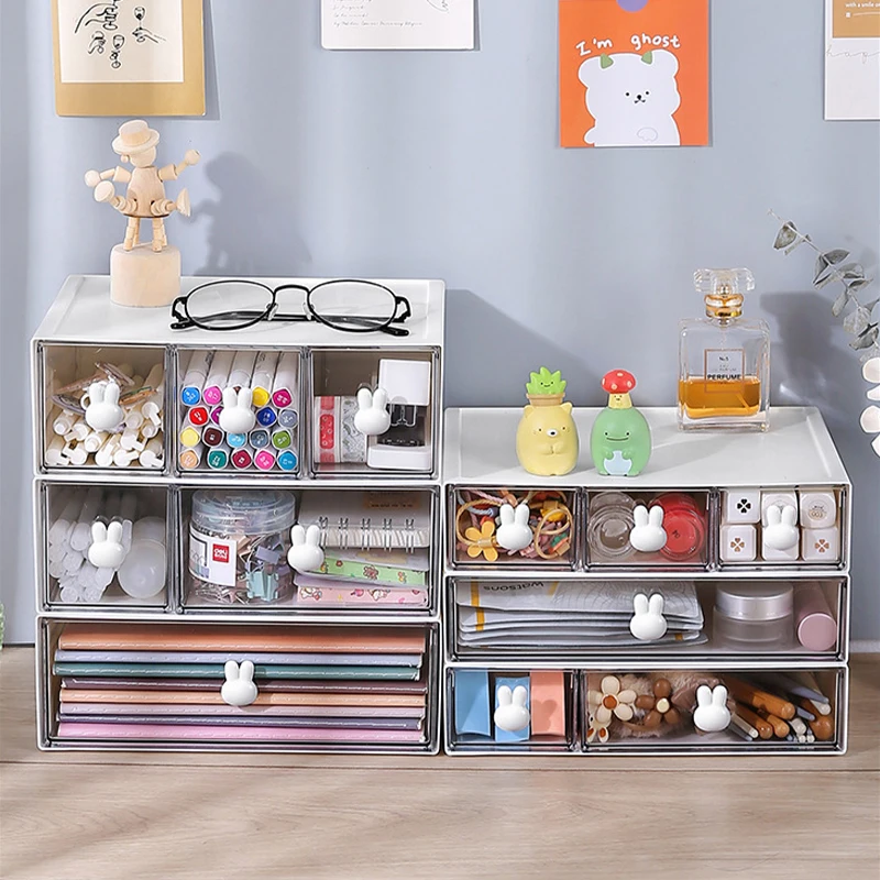 Cajones de almacenamiento de escritorio de conejo, organizador de papelería con múltiples rejillas, cajones, organizador de almacenamiento de escritorio transparente, papelería bonita para oficina - imagen 5