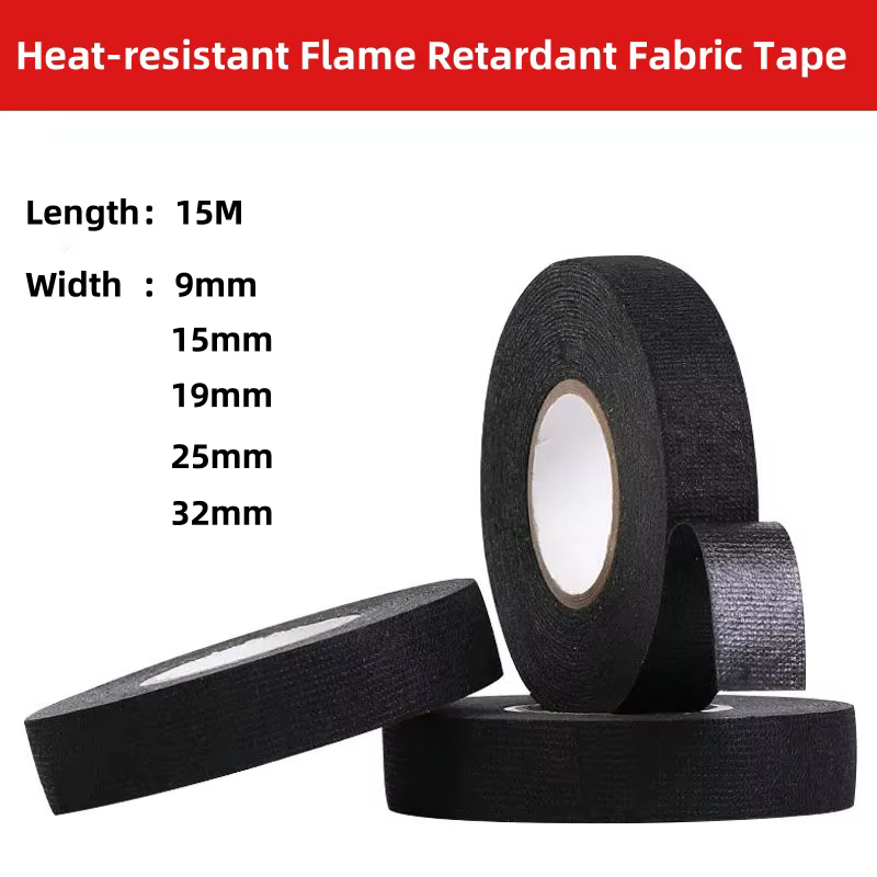 Cinta adhesiva ignífuga resistente al calor de 15M, cinta de tela para arnés de cables de coche, telar de cableado, ancho de protección 9/15/19/25/32MM