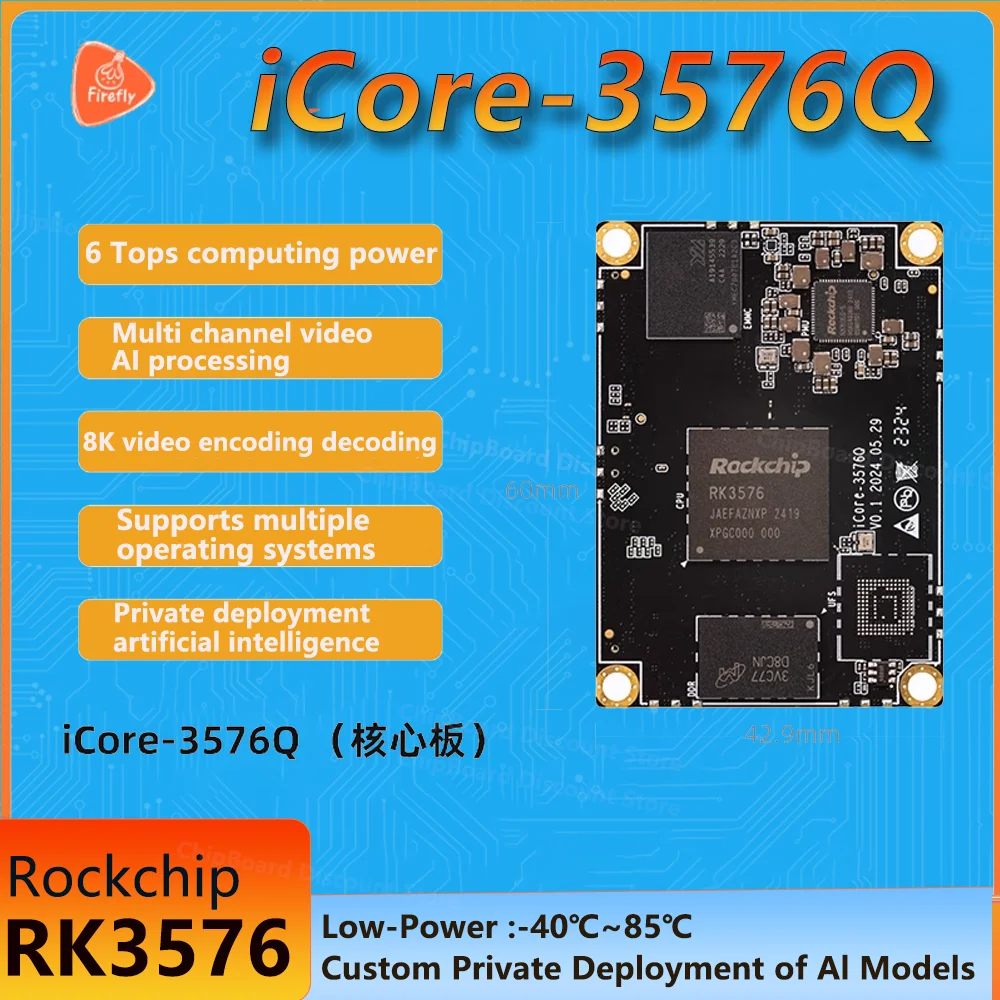 Firefly iCore-3576Q Placa central RK3576 de modelo grande de baja potencia 6 Tops Computing Power Aiot Computing de bordes de grado industrial