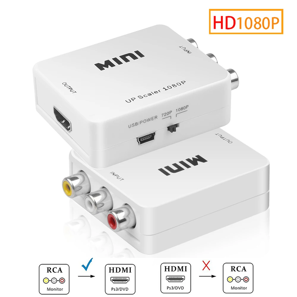 Adaptador compatible con RCA a HDMI, convertidor AV a HDMI, RCA AV/CVSB L/R, convertidor escalador AV compuesto de vídeo para PC, proyector HDTV