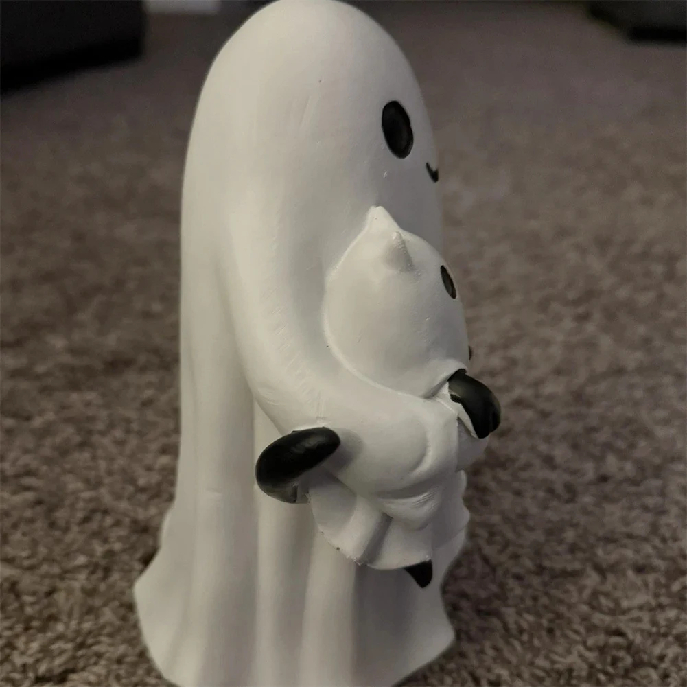 Estatua de gato con fantasma de Halloween, estatuilla de resina de fantasma espeluznante de calabaza, gato abrazo para fiesta de Halloween - imagen 3