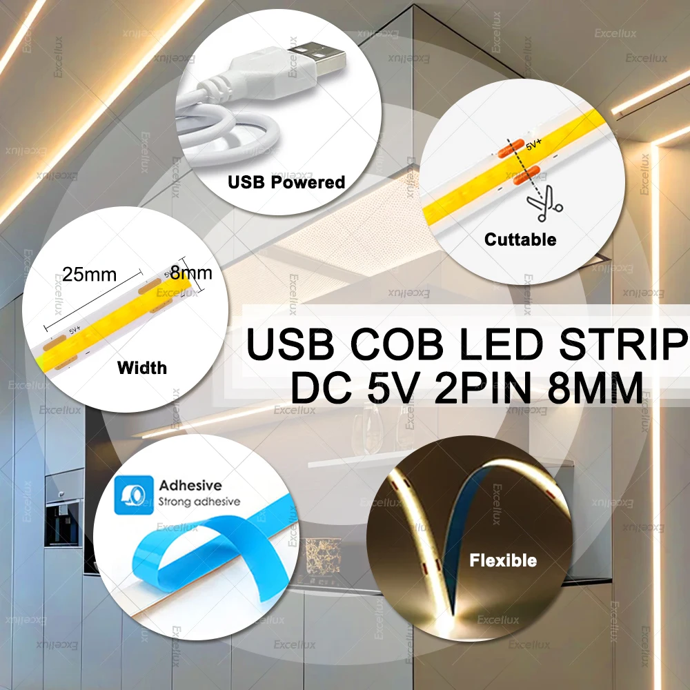 Tira de luces LED COB DC5V con cinta Flexible alimentada por USB de 320LED/m, tiras de luces COB blancas cálidas/blancas naturales, retroiluminación DIY - imagen 2