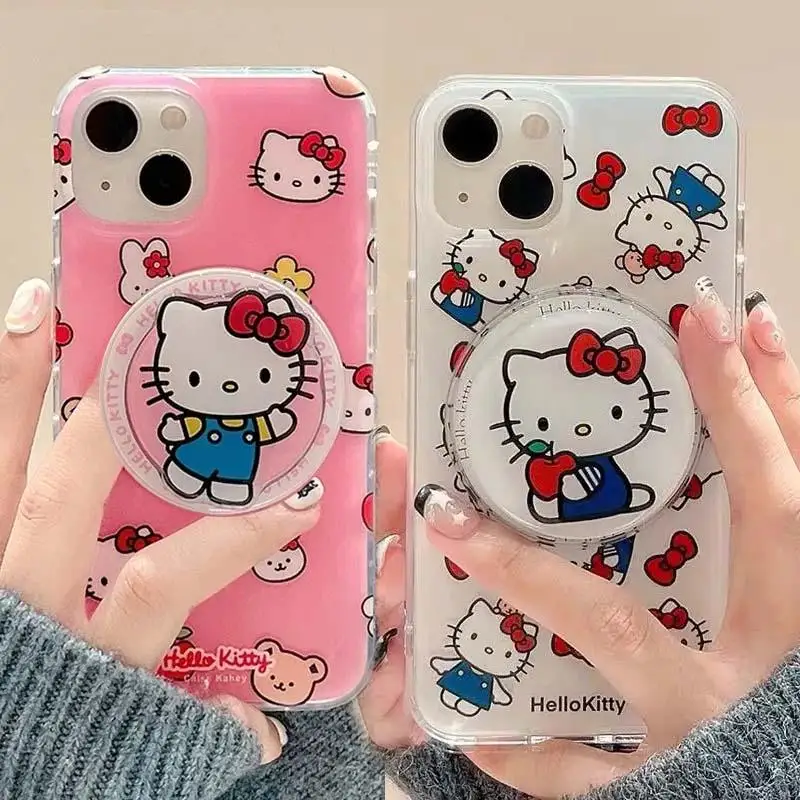 Sanrio-funda de teléfono con soporte de Hello Kitty, color rosa, carga inalámbrica, para Samsung Galaxy S24 Ultra S22 S23FE Z Flip 6 5 3 4, dura