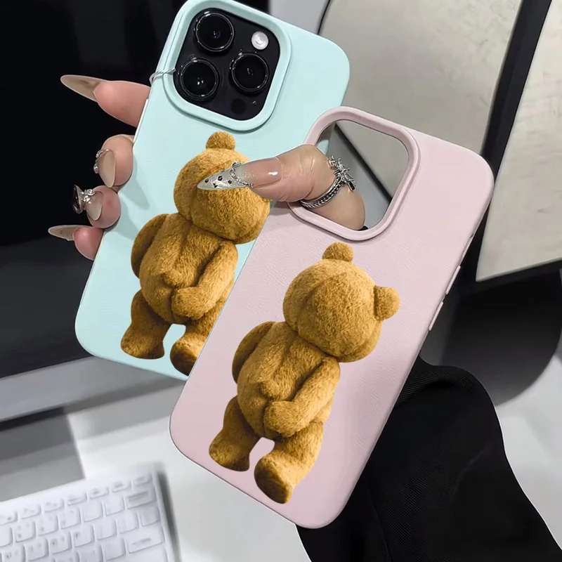 Funda de teléfono anticaída esmerilada con patrón de lichi para iPhone 16 Pro Max 15 14 13 12 11 XS Max X XR 16 Plus con funda con estampado de oso de peluche - imagen 5