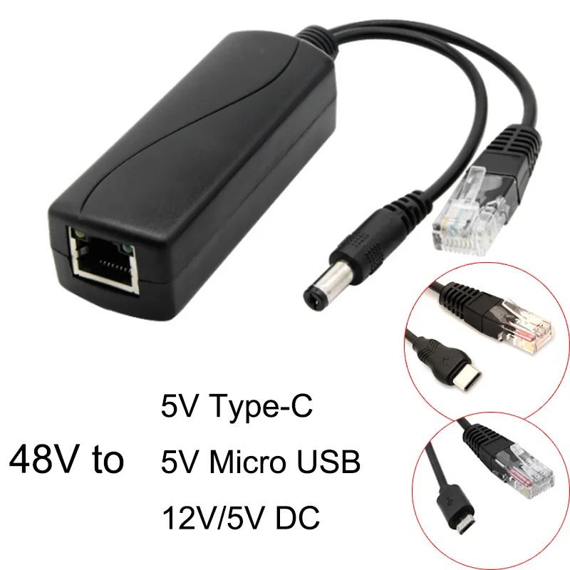 Divisor PoE de 48V a 5V/12V, 5v POE, Micro USB tpye-C, fuente de alimentación CC sobre Ethernet, divisor POE activo tpye-C para Raspberry Pi - imagen 2