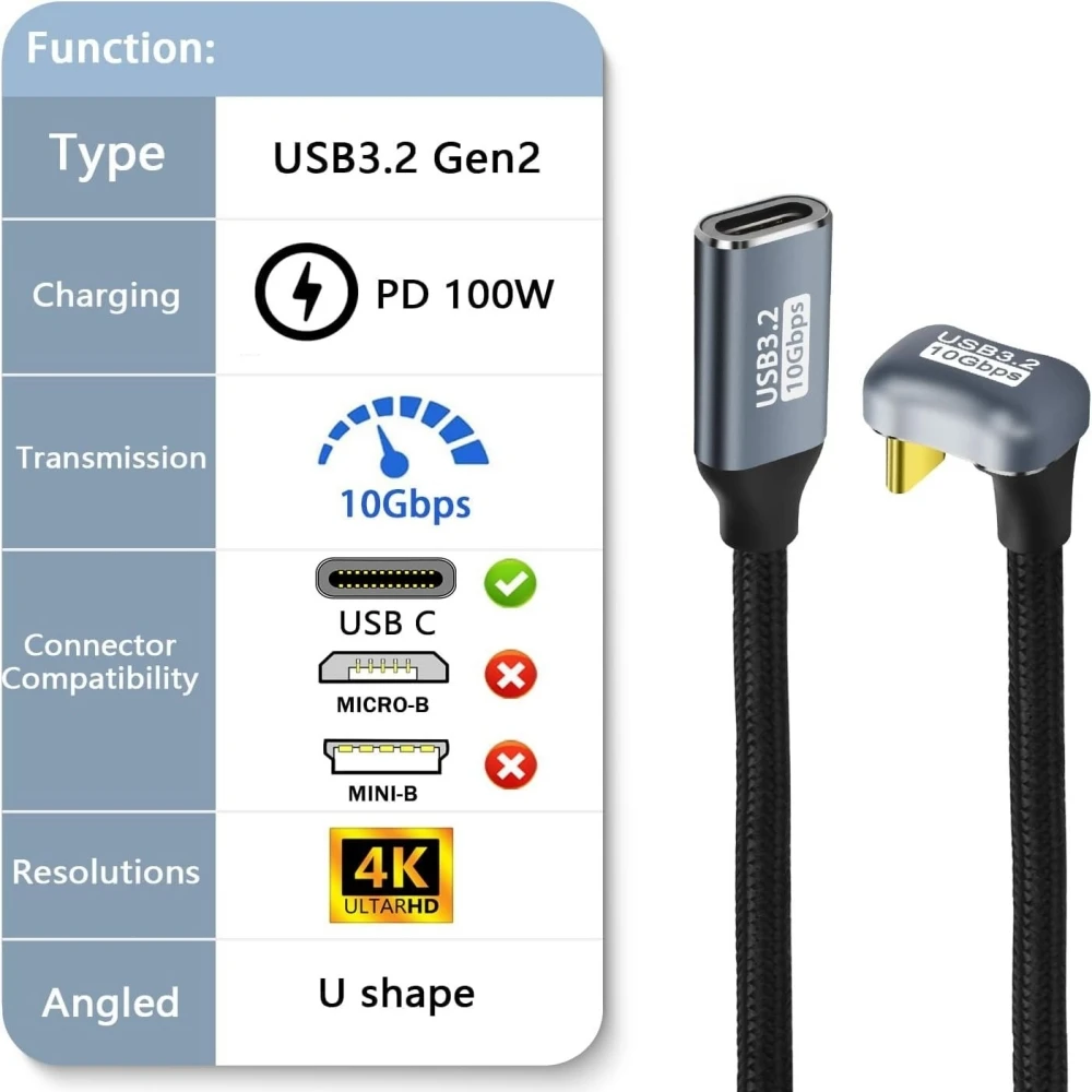 Cable de extensión USB C en forma de U 180 ° Ángulo Tipo-C 10Gbps USB 3.2 Gen2 100W PD Cable cargador de carga rápida para i/phone15 Switch Pad - imagen 2