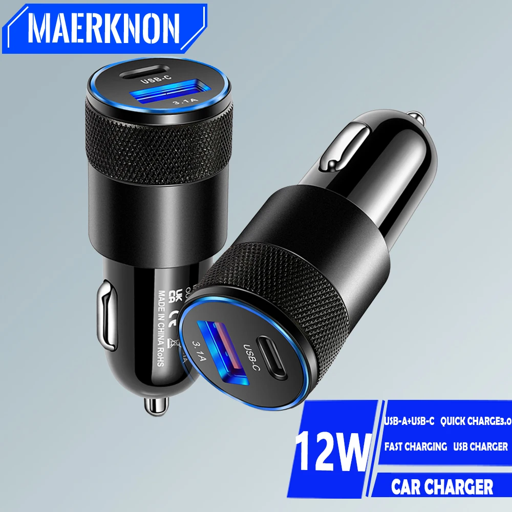 Cargador de coche tipo C de carga rápida, adaptador de teléfono 3,0, PD, USB, 12W, para iPhone, Samsung, Xiaomi, puertos duales