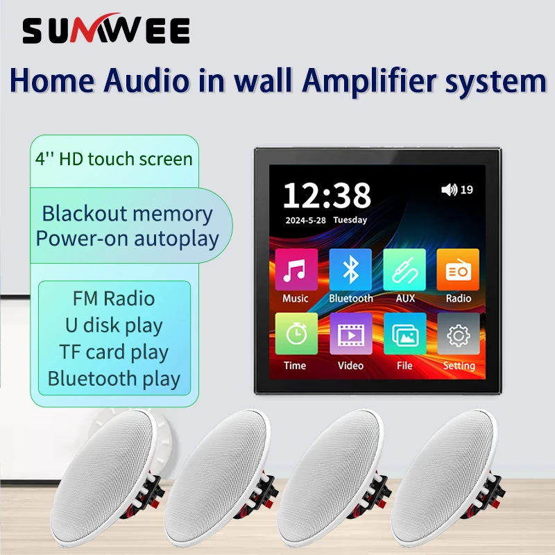 Pantalla táctil de 4 pulgadas, amplificador mínimo de pared, panel de Audio inteligente para el hogar, estéreo, Bluetooth, sonido, sistema de música de fondo, altavoz de techo - imagen 2