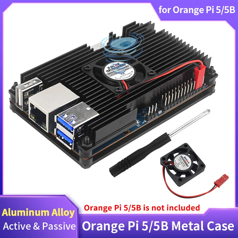 Carcasa de aleación de aluminio Orange Pi 5, disipadores de calor con ventilador de refrigeración, disipación activa y pasiva, enclado de Metal para Orange Pi 5 5B