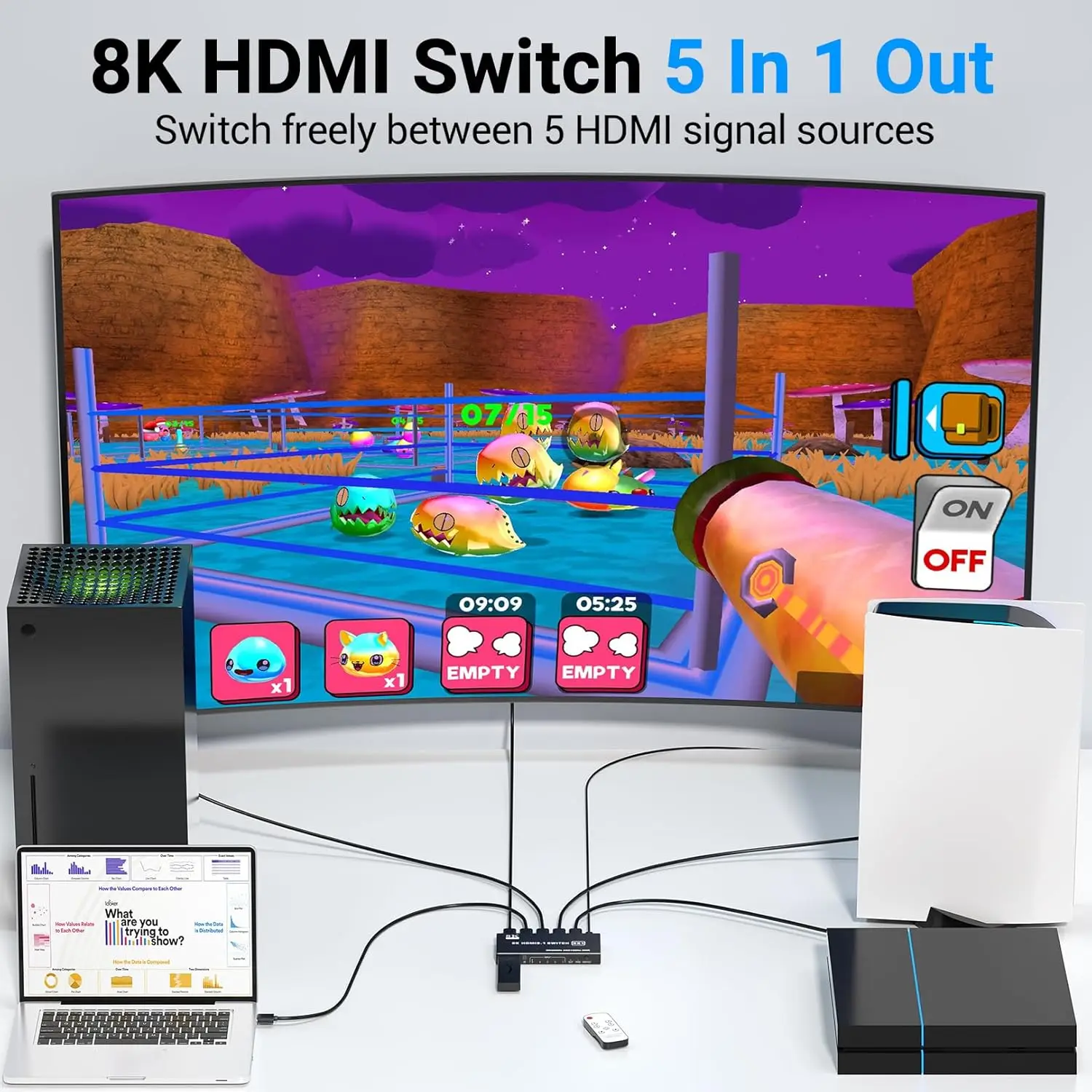 Conmutador HDMI de 5 puertos 8K @ 60Hz 5x1 4K @ 120Hz Selector de conmutador HDMI 2,1 5 en 1 salida compatible con 48gbps HDR10 HDCP 2,3 para Xbox PS4 PC TV - imagen 2