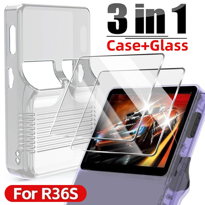 Funda transparente + vidrio para consola de juegos R36S, Kit Protector de pantalla de vidrio templado, funda transparente de silicona suave antiarañazos
