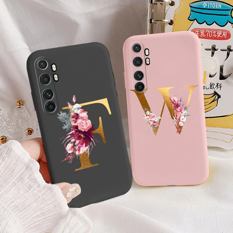 Funda con letras para Xiaomi Mi Note 10 Lite, cubierta trasera Retro con flores, rosa, negro, suave, funda con iniciales de TPU para Xiaomi Note 10 Lite Coque - imagen 2