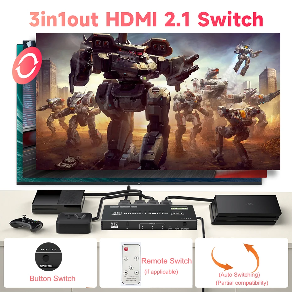 Conmutador HDMI 2,1 4K 120Hz HDR 60Hz 4K/8K HDMI Auto Switch 3 en 1 salida HDMI Switcher Slector Hub Switch HDMI con control remoto para PS5 Xbox - imagen 3