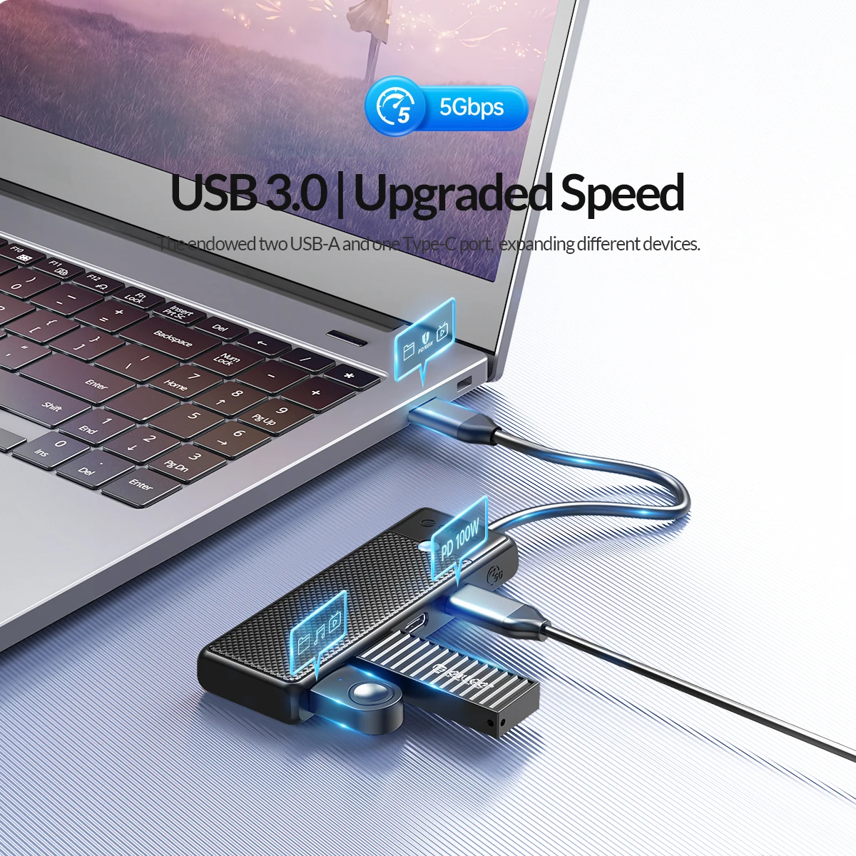 ORICO-Adaptador USB 3,0, extensor de Puerto SD/TF, lector de tarjetas PD100w, puerto de carga Compatible con PC, portátil, Hub DE 5Gbps - imagen 3