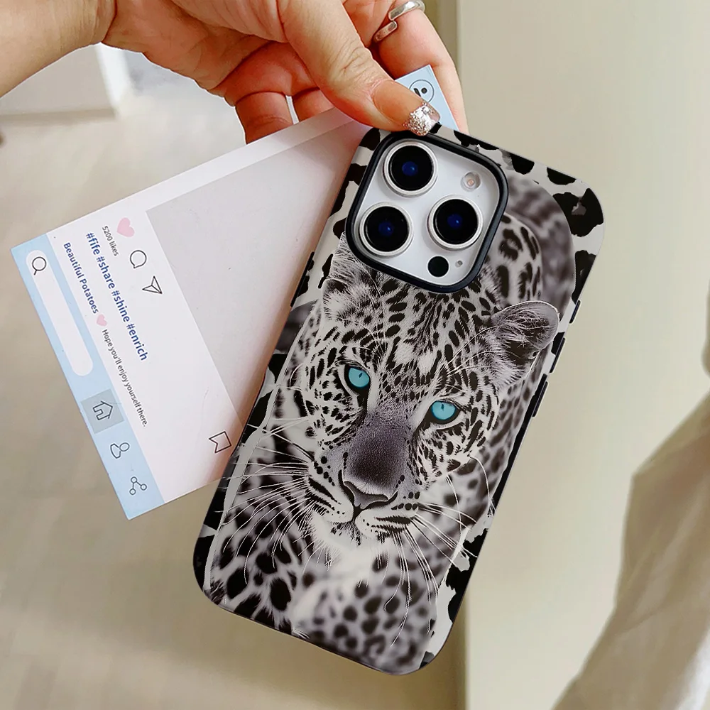 Funda de teléfono con estampado de leopardo y nieve para iPhone 16, 15, 14, 13, 12, 11 Pro Max Plus, funda trasera magnética de lujo de doble capa - imagen 3
