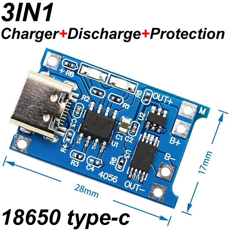 Placa de carga de batería de litio, cargador de 5V, 1A, piezas, Micro USB 18650, TC4056A, protección de módulo de descarga, funciones duales, 1 TYPE-C - imagen 4