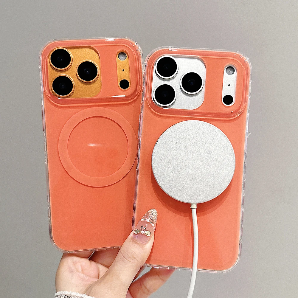 Funda de teléfono magnética de Color sólido naranja Simple para IPhone 13, 14, 15, 16, 17, 17pro, 17ProMax, Funda protectora de carga inalámbrica
