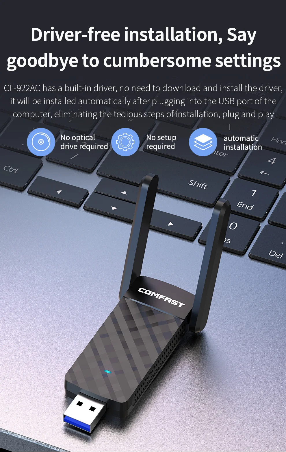 Adaptador WiFi Comfast 2,4G y 5G USB3.0 unidad libre WiFi Dongle AC1300 tarjeta de red inalámbrica para Win XP/7/8/10/11 Kali Linux Monitor - imagen 4