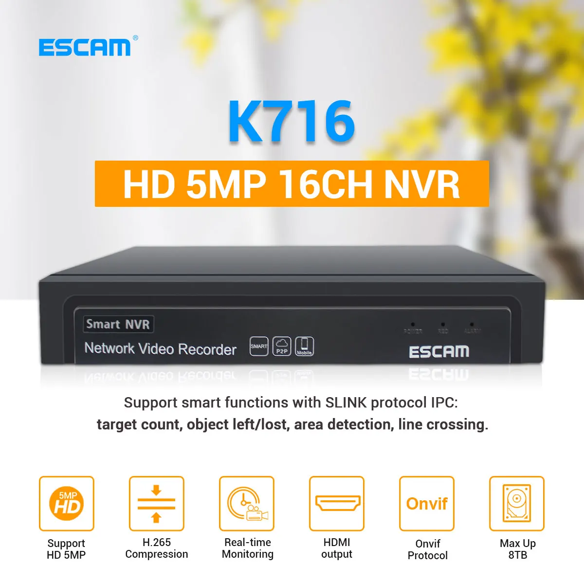 ESCAM-cámara IP de vigilancia de seguridad, sistema de videovigilancia CCTV, grabador de vídeo DVR, NVR, H.265, ONVIF, 4K, 16 canales, 5MP, 8TB, K716