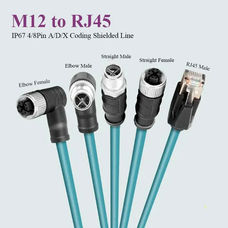 Cable Ethernet M12 de 8 pines tipo X a RJ45, codo de ángulo recto, 4 pines, código A, codificación D, cabeza macho hembra a conector RJ45, Cable de cadena de arrastre - imagen 2