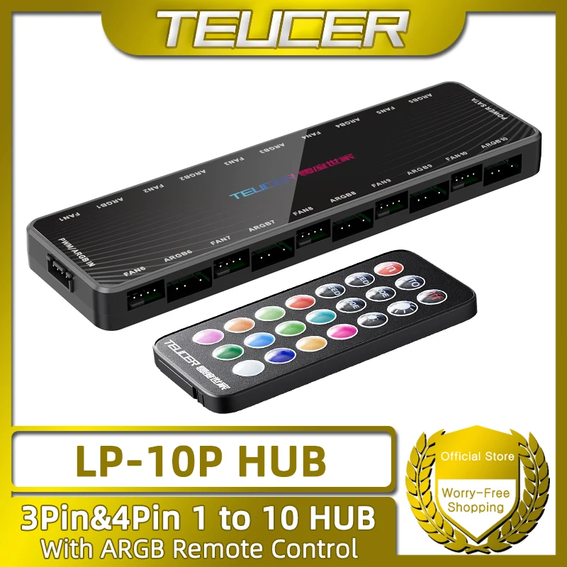 TEUCER LP-10P 12V 4 pines PWM y 5V 3 pines ARGB con ventilador de sincronización SATA de 10 vías Hub ventilador de refrigeración de PC divisor de iluminación RGB direccionable