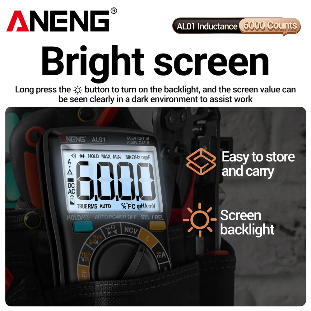Multímetro de inductancia de bobina, probador Hz de ciclo de trabajo ANENG AL01, medidor de temperatura NCV de 6000 recuentos, herramientas de prueba profesional de voltaje True-RMS - imagen 4