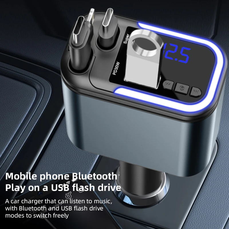 Cargador de coche retráctil 5 en 1 de 180W, transmisor FM Bluetooth 5,0, cargador de teléfono rápido, llamada con manos libres, disco en U auxiliar con luz LED - imagen 4
