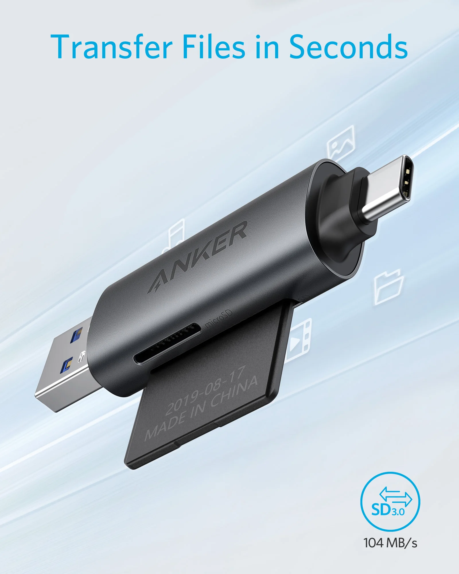 Lector de tarjetas SD Anker USB-C y USB 3.0, lector de tarjetas de memoria PowerExpand+ 2 en 1 con conectores duales, para SDXC, SDHC, SD, MMC - imagen 4