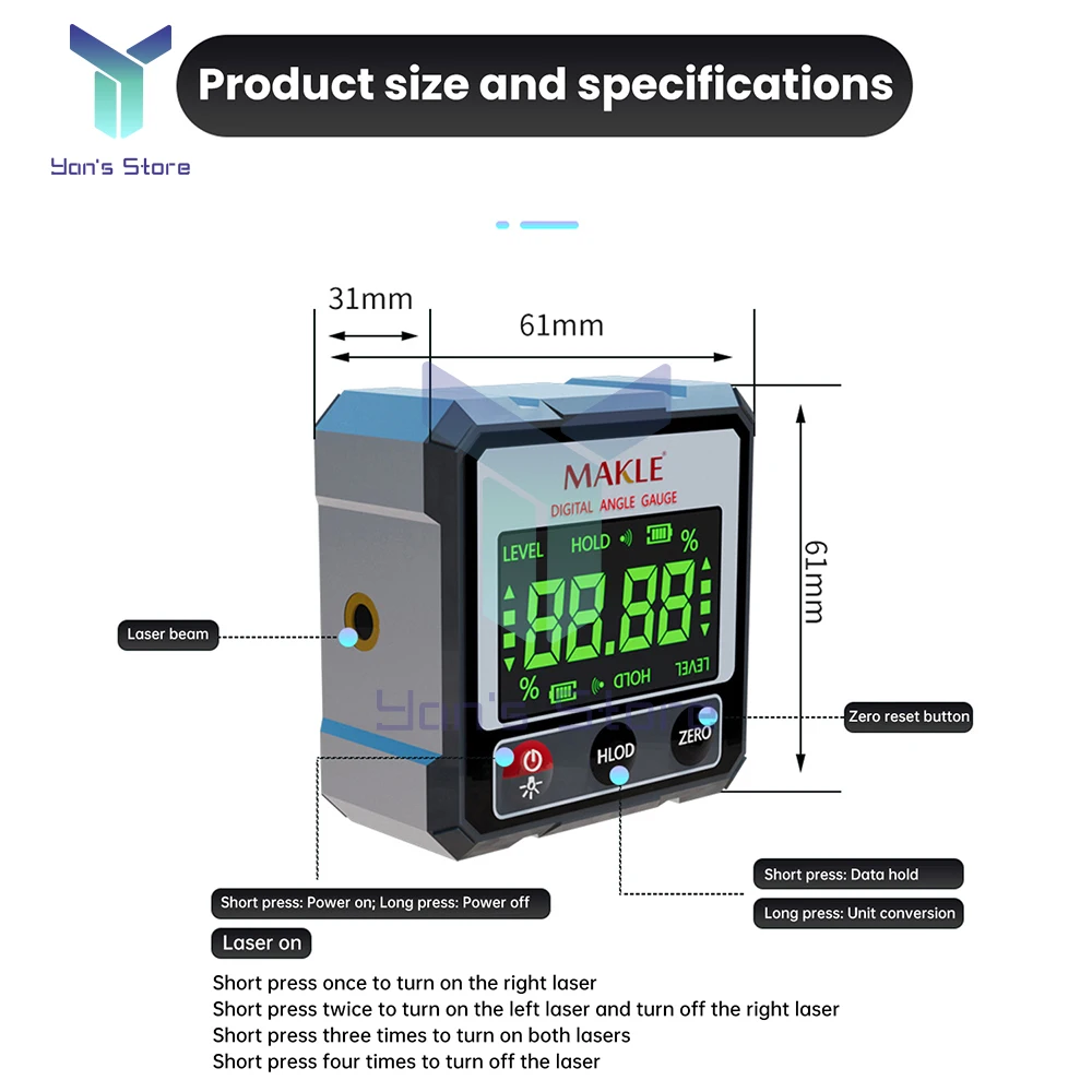 Transportador Digital, inclinómetro, regla de nivel láser, inclinómetro, Base magnética, goniómetro, buscador de ángulo magnético - imagen 4